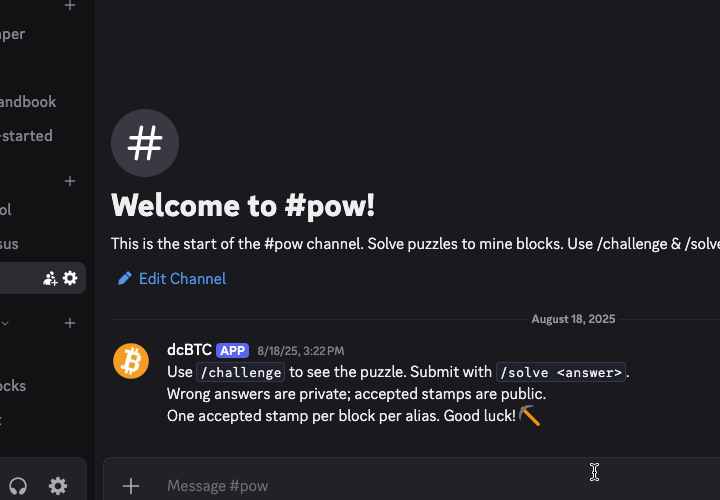 dcBTC - Bitcoin-style Ledger Game for Discord demo